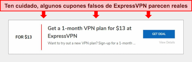 Captura de pantalla del cupón falso de ExpressVPN.