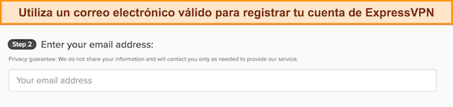 Imagen de la página de registro de ExpressVPN que muestra el cuadro de entrada de correo electrónico.
