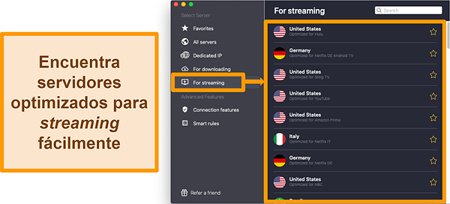 Captura de pantalla de los servidores optimizados de CyberGhost VPN que desbloquean plataformas de transmisión como Netflix, Sling TV y Amazon Prime