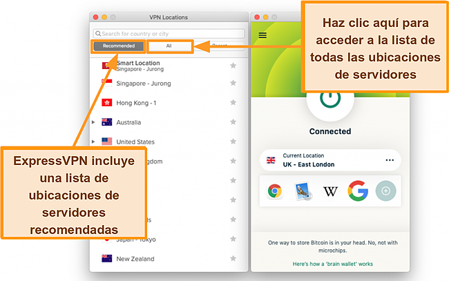 Captura de pantalla de la lista de servidores de la aplicación ExpressVPN