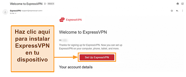 Captura de pantalla del correo electrónico de bienvenida de ExpressVPN a nuevos clientes con instrucciones de configuración
