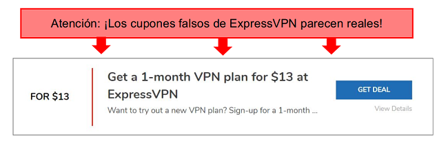 captura de pantalla con anotaciones de un cupón falso expressvpn