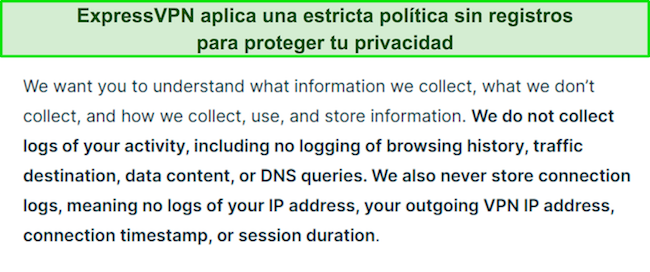 Captura de pantalla de la política de privacidad de ExpressVPN.