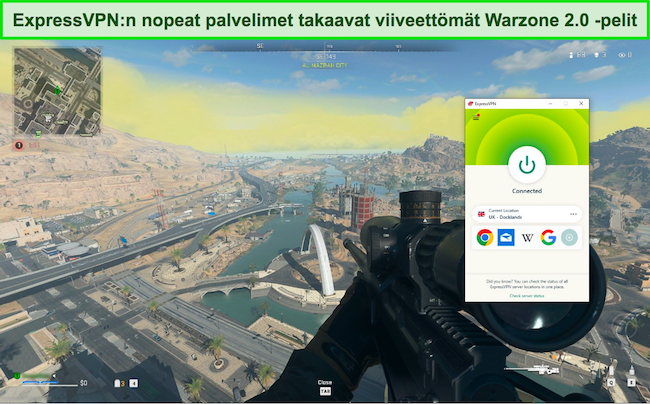 Kuvakaappaus ExpressVPN:stä yhdistettynä Iso-Britannian palvelimeen pelatessasi Warzone 2.0:aa