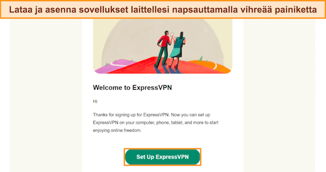 Kuva ExpressVPN:n sähköpostivahvistuksesta, joka kehottaa käyttäjää napsauttamaan asetuspainiketta.