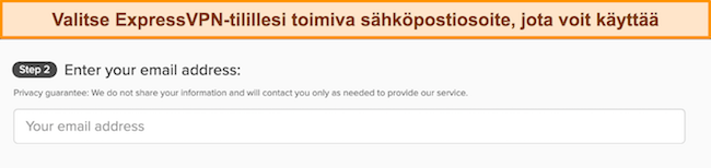 Kuva ExpressVPN:n rekisteröitymissivulta, jossa näkyy sähköpostin syöttöruutu.