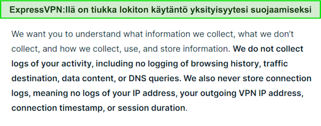 Kuvakaappaus ExpressVPN:n tietosuojakäytännöstä.