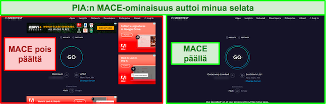 Kuvakaappaus mainoksista, jotka on poistettu verkkosivulta MACE:n käyttöönoton jälkeen.
