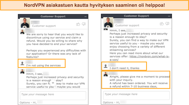 Kuvakaappaus hyvityksen pyytämisestä NordVPN:ltä live-chatin kautta.