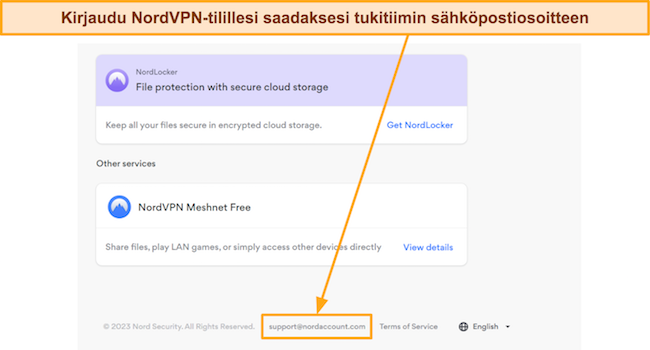 Kuvakaappaus tuen sähköpostiosoitteesta NordVPN-tilillä