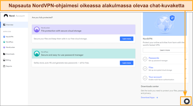 Näyttökaappaus NordVPN-chat-kuvakkeesta, jotta voit pyytää live-chattia asiakastuen kanssa