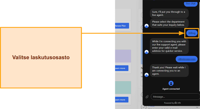Kuvakaappaus laskutusosaston valitsemisesta ja sähköpostiosoitteen antamisesta NordVPN chatbotille.