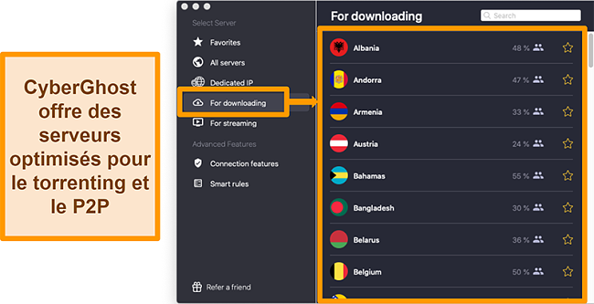 Capture d'écran des serveurs optimisés de CyberGhost VPN pour le téléchargement et le torrenting
