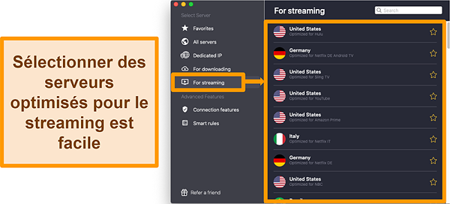 Capture d'écran des serveurs optimisés de CyberGhost VPN qui débloquent les plateformes de streaming comme Netflix, Sling TV et Amazon Prime