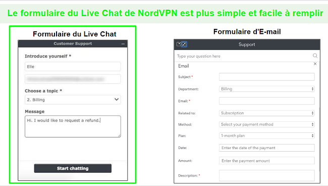 Captures d'écran d'une demande de remboursement NordVPN via le chat en direct par rapport à l'e-mail