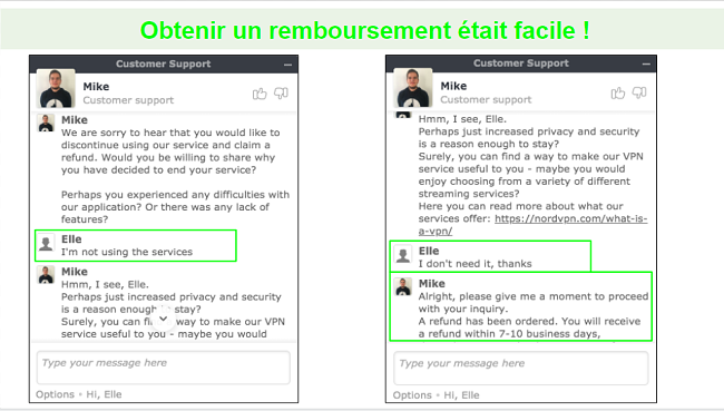 Captures d'écran d'une demande de remboursement via le chat en direct avec un agent de support client NordVPN.