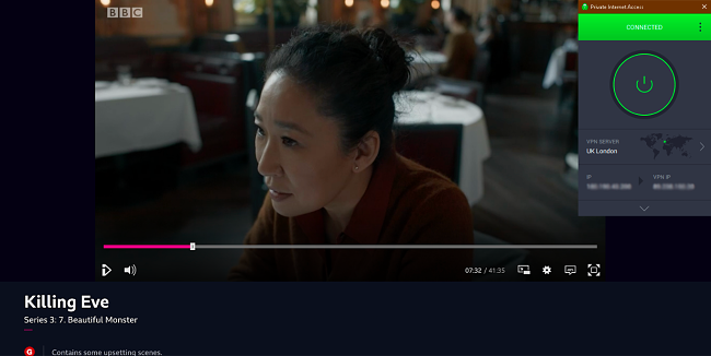 Capture d'écran montrant PrivateVPN débloquant BBC iPlayer et diffusant Killing Eve après s'être connecté à un serveur britannique