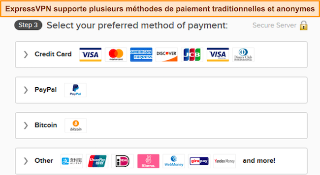 Image des options de paiement d'ExpressVPN.