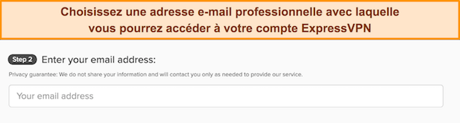 Image de la page d'inscription d'ExpressVPN montrant la boîte de saisie d'e-mail.