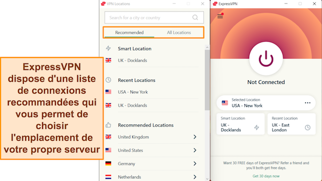 Capture d'écran de l'application Windows d'ExpressVPN, mettant en évidence les connexions de serveur recommandées et le menu du serveur 