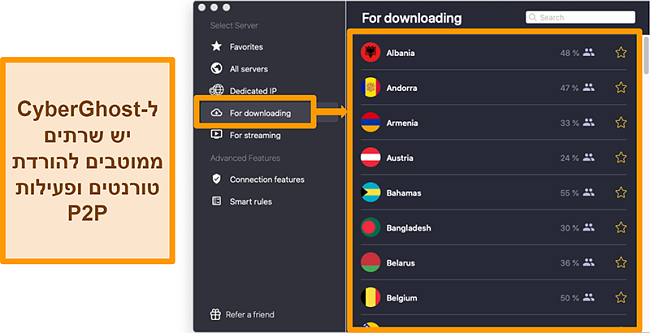 תמונת מסך של השרתים המותאמים של CyberGhost VPN להורדה וסיקור