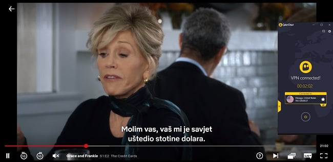 Snimak ekrana CyberGhosta spojenog na američki poslužitelj s protokom "Grace and Frankie" na US Netflixu