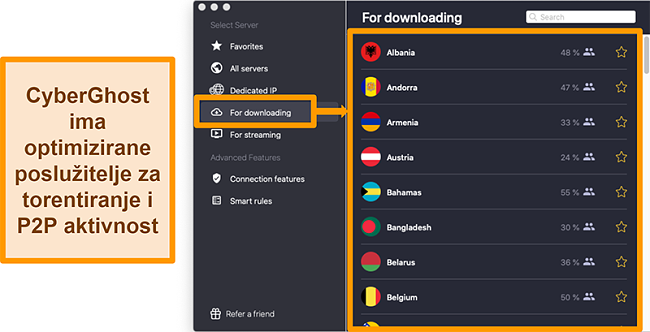 Snimka zaslona CyberGhost VPN-a optimiziranih poslužitelja za preuzimanje i torentiranje