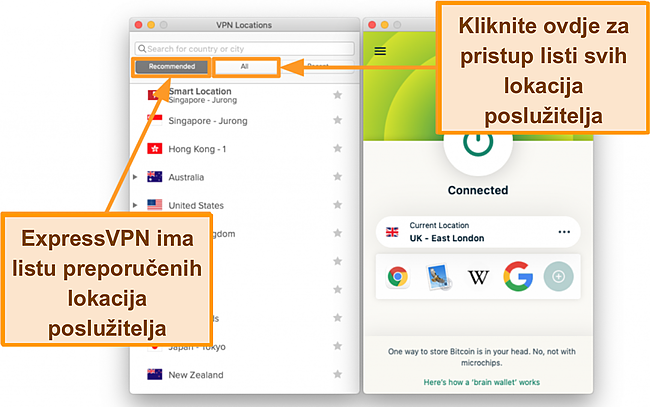 Snimka zaslona popisa poslužitelja aplikacije ExpressVPN