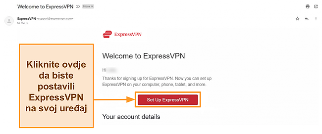 Snimka zaslona pozdravne e-pošte ExpressVPN-a novim kupcima s postavljenim uputama