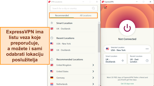 Snimka zaslona ExpressVPN-ove Windows aplikacije, s naglaskom na preporučene veze poslužitelja i izbornik poslužitelja 