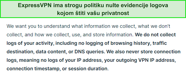 Snimka zaslona ExpressVPN-ove politike privatnosti.