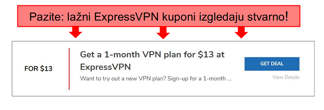 snimka zaslona s napomenama lažnog kupona expressvpn
