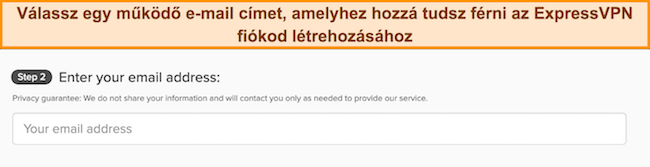 Az ExpressVPN regisztrációs oldalának képe, amelyen az e-mail beviteli mező látható.