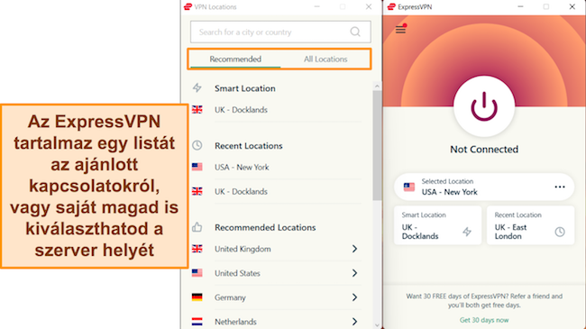 Képernyőkép az ExpressVPN Windows-alkalmazásáról, kiemelve az ajánlott szerverkapcsolatokat és az „Összes hely” szerver menüt.