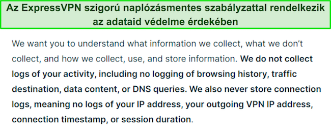 Képernyőkép az ExpressVPN adatvédelmi szabályzatáról.