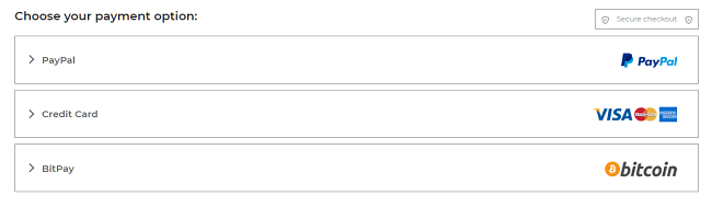 Snimka zaslona opcija plaćanja na stranici za plaćanje CyberGhost-a, uključujući PayPal kreditnu karticu i BitPay