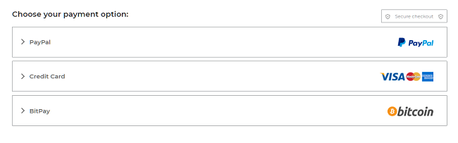 ภาพหน้าจอของตัวเลือกการชำระเงินในหน้าการชำระเงินของ CyberGhost รวมถึงบัตรเครดิต PayPal และ BitPay