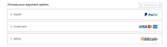 CyberGhost'un PayPal kredi kartı ve BitPay dahil ödeme sayfasındaki ödeme seçeneklerinin ekran görüntüsü