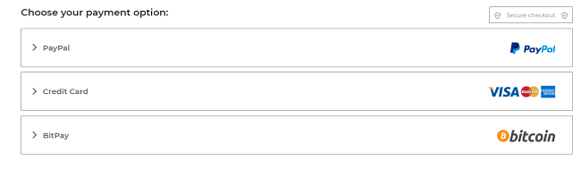 Ảnh chụp màn hình các tùy chọn thanh toán trên trang thanh toán của CyberGhost bao gồm thẻ tín dụng PayPal và BitPay