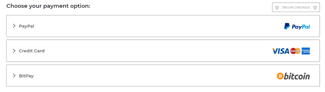 צילום מסך של אפשרויות תשלום בדף התשלומים של CyberGhost כולל כרטיס אשראי של PayPal ו- BitPay