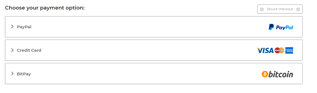 Skærmbillede af betalingsmuligheder på CyberGhosts betalingsside inklusive PayPal-kreditkort og BitPay