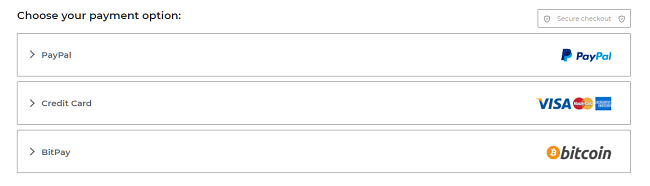Näyttökuva maksuvaihtoehdoista CyberGhostin maksusivulla, mukaan lukien PayPal-luottokortti ja BitPay