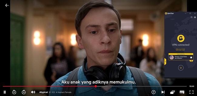 Cuplikan layar CyberGhost terhubung ke server AS dengan streaming 
