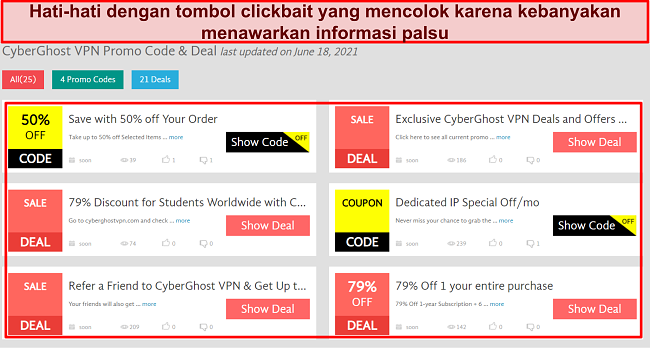 Tangkapan layar tombol clickbait kupon CyberGhost palsu