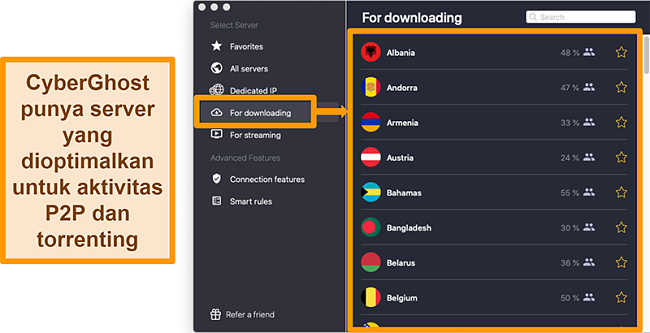 Tangkapan layar dari server yang dioptimalkan CyberGhost VPN untuk pengunduhan dan torrent