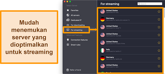 Tangkapan layar dari server yang dioptimalkan VPN CyberGhost yang membuka blokir platform streaming seperti Netflix, Sling TV, dan Amazon Prime