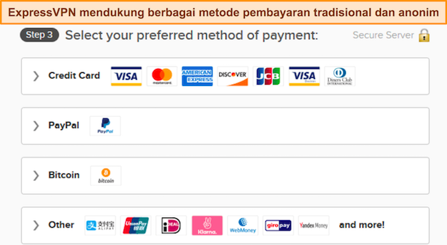Gambar opsi pembayaran ExpressVPN.