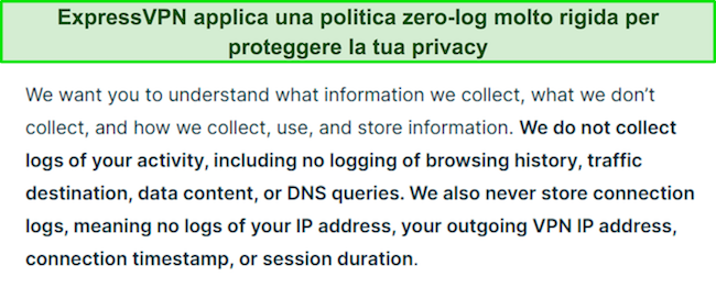 Screenshot dell'informativa sulla privacy di ExpressVPN.