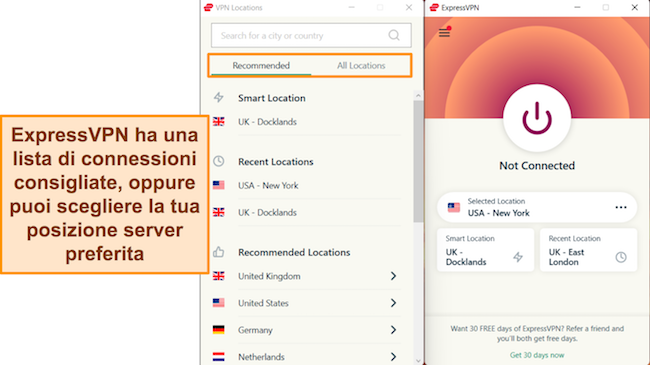 Screenshot dell'app per Windows di ExpressVPN, che evidenzia le connessioni al server consigliate e il menu del server 