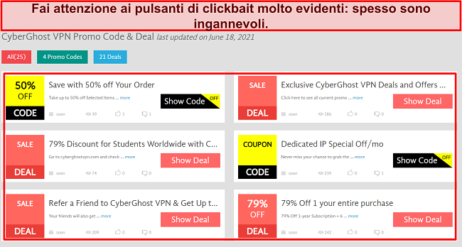 Screenshot di falsi pulsanti clickbait coupon CyberGhost